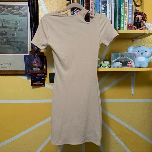 NWT Lulus Slice of Life Beige Ribbed Asymmetrical Cutout Mini Dress Size Small - Picture 7 of 8